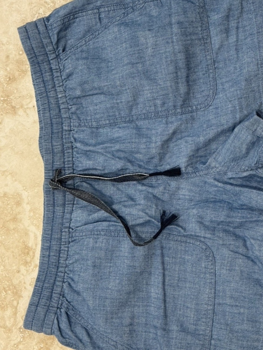 J. Crew Chambray Pull On Shorts Drawstring Pockets Light Blue Sz. Large -EUC